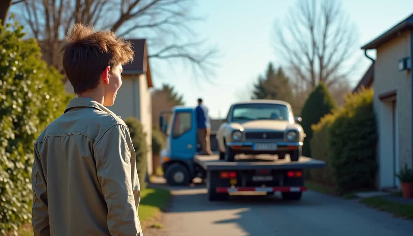Une personne souriante et visiblement soulagée observe son ancienne voiture être remorquée par un épaviste professionnel à Banteux. Le ciel est dégagé, symbolisant une solution rapide et sans tracas.