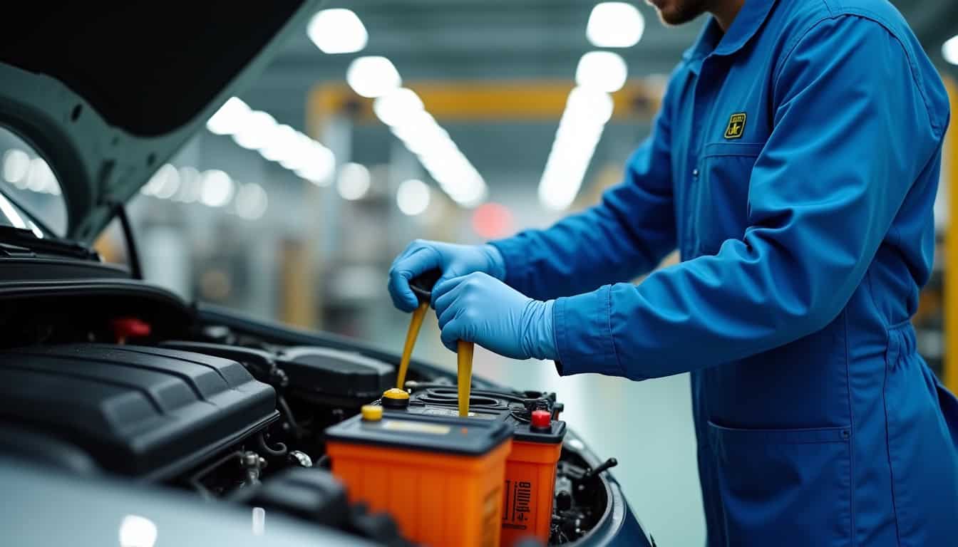 Un professionnel agréé dépolluant une épave de voiture dans un centre de traitement VHU, avec des équipements de protection et des conteneurs de tri pour les différents fluides et matériaux dangereux.