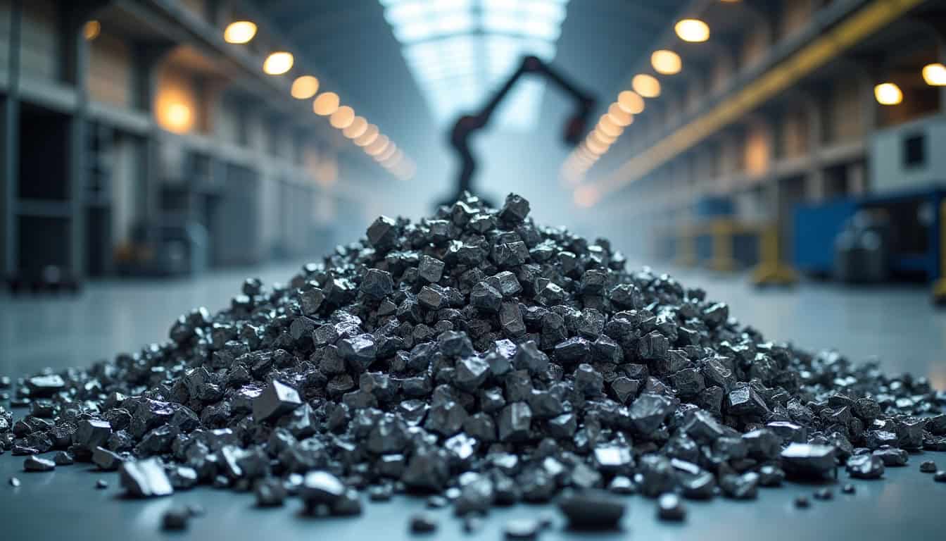 Un tas de pièces métalliques de véhicules compactées et prêtes pour le recyclage, avec un bras mécanique en arrière-plan dans une usine de traitement VHU, illustrant la valorisation des épaves.