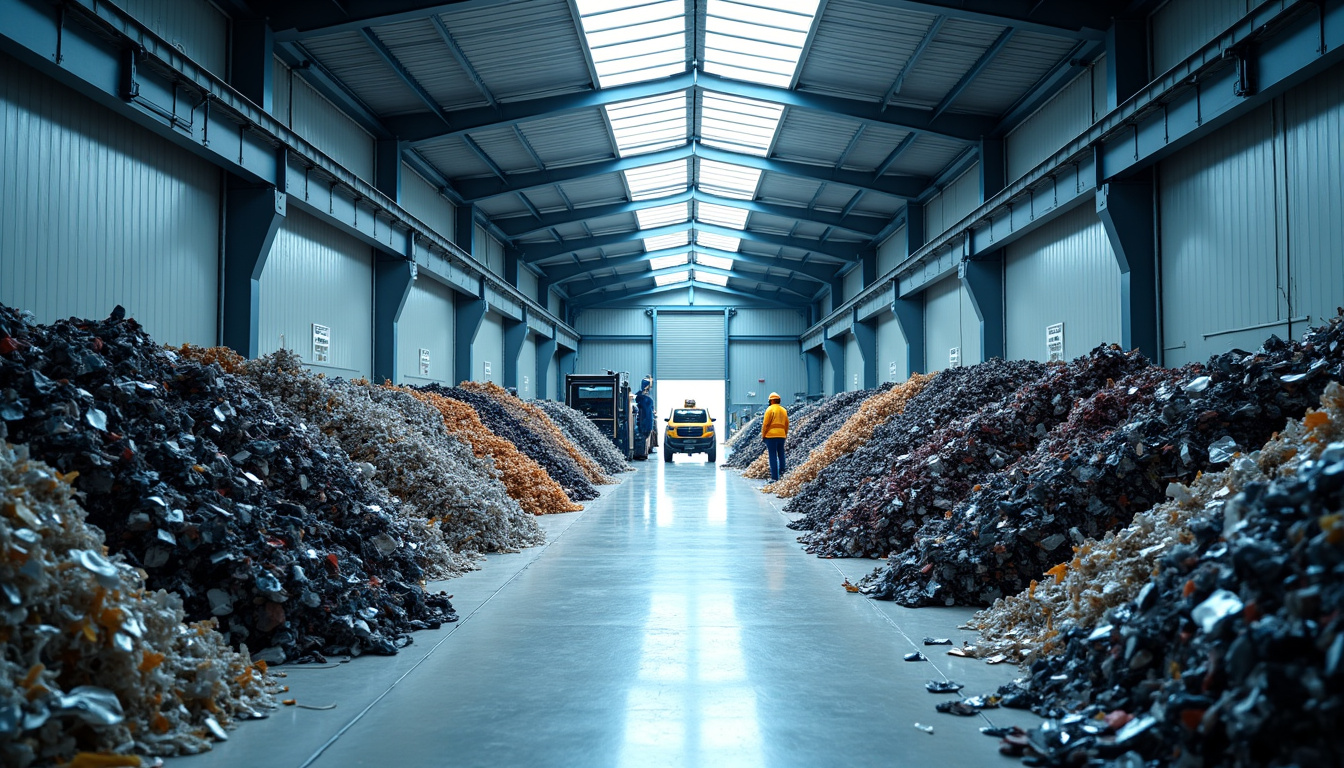Un centre de recyclage automobile moderne, montrant des pièces de véhicules triées et compactées, illustrant le processus de valorisation des matériaux et de dépollution des épaves pour minimiser l'impact environnemental.