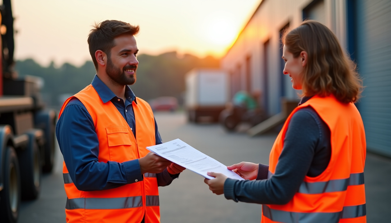 Un épaviste en uniforme, avec un gilet de sécurité, vérifie attentivement des documents officiels avec un client souriant, illustrant la rigueur administrative et la confiance établie avant l'enlèvement d'une épave.