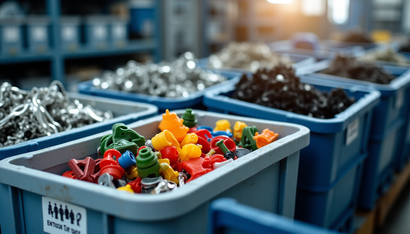 Vue détaillée de divers matériaux automobiles triés pour le recyclage dans un centre VHU agréé. On peut y voir des pièces métalliques, des plastiques et des pneus, chacun dans son conteneur respectif, symbolisant l'engagement pour l'environnement.