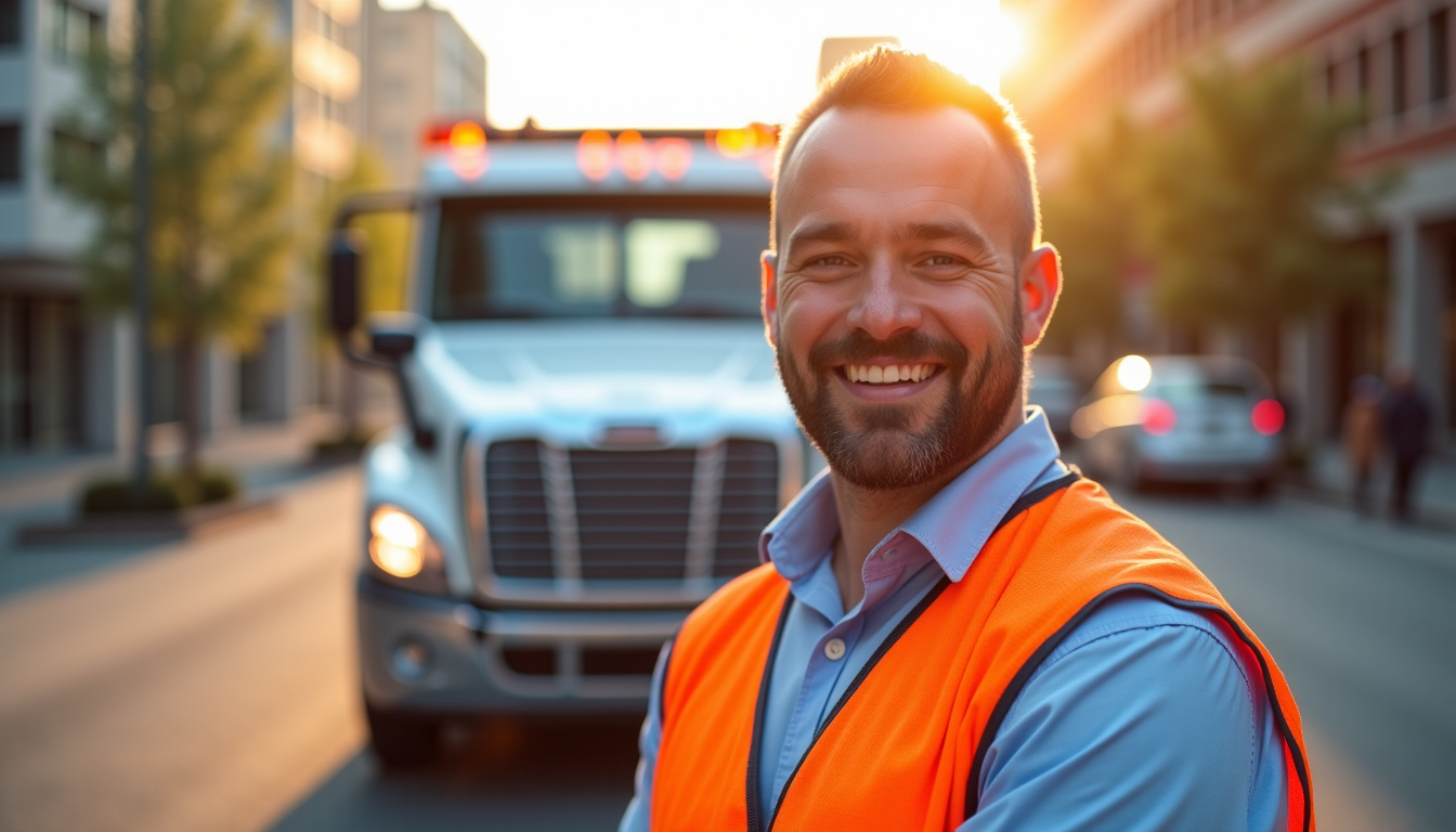 Un épaviste professionnel souriant et confiant devant un camion de remorquage moderne, dans un décor urbain ensoleillé. Il porte un gilet haute visibilité, symbolisant la sécurité et le service client dans l'enlèvement d'épaves.
