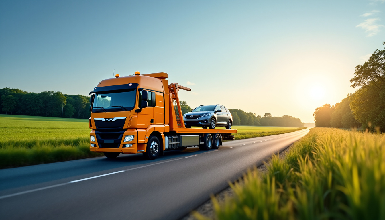Un camion de dépannage moderne remorquant une voiture grise accidentée sur une route de campagne. Le camion est de couleur vive avec des équipements de levage visibles, et le paysage environnant est verdoyant.