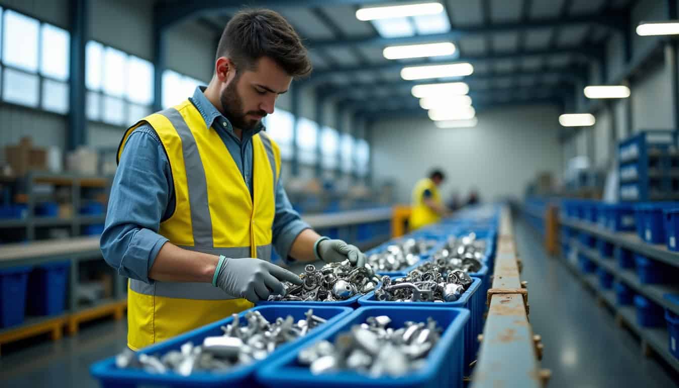 Un ouvrier qualifié trie des pièces automobiles métalliques et plastiques dans un centre de traitement VHU, illustrant le processus de recyclage minutieux et la valorisation des matériaux après la dépollution du véhicule.