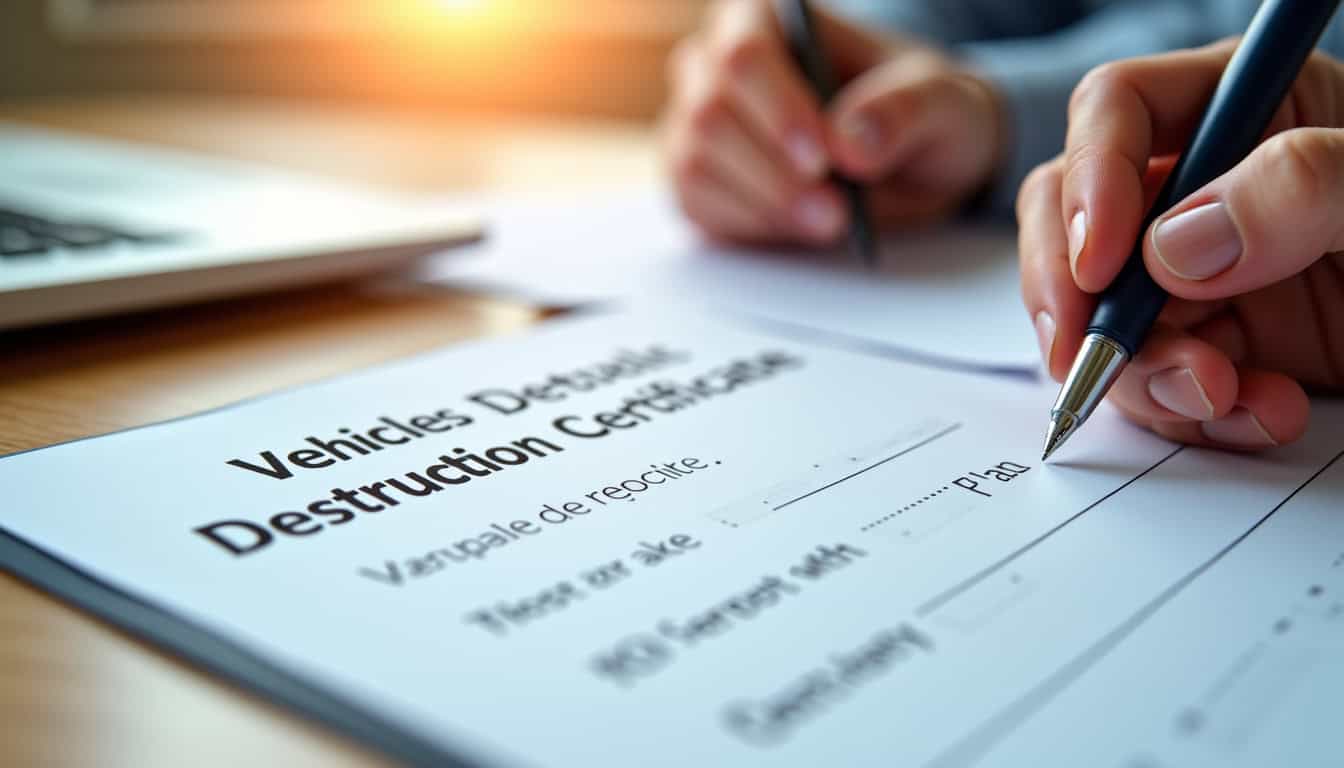 Gros plan sur des documents officiels, dont un certificat de destruction de véhicule, posés sur une table. Une main tient un stylo, suggérant la finalisation des démarches administratives avec un épaviste.