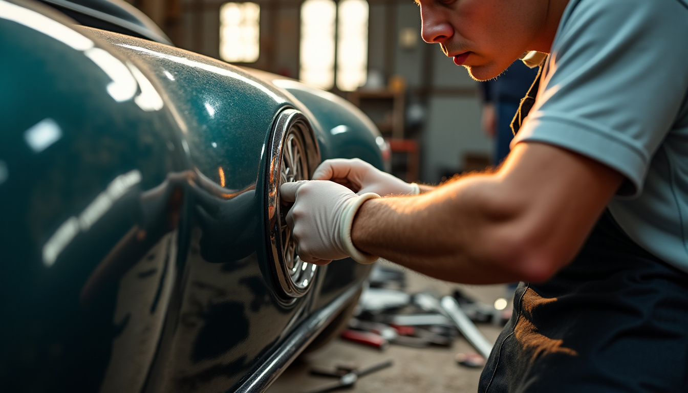 Spécialiste en train de restaurer une voiture des années 60 dans un atelier, montrant le travail minutieux sur la carrosserie et les pièces mécaniques