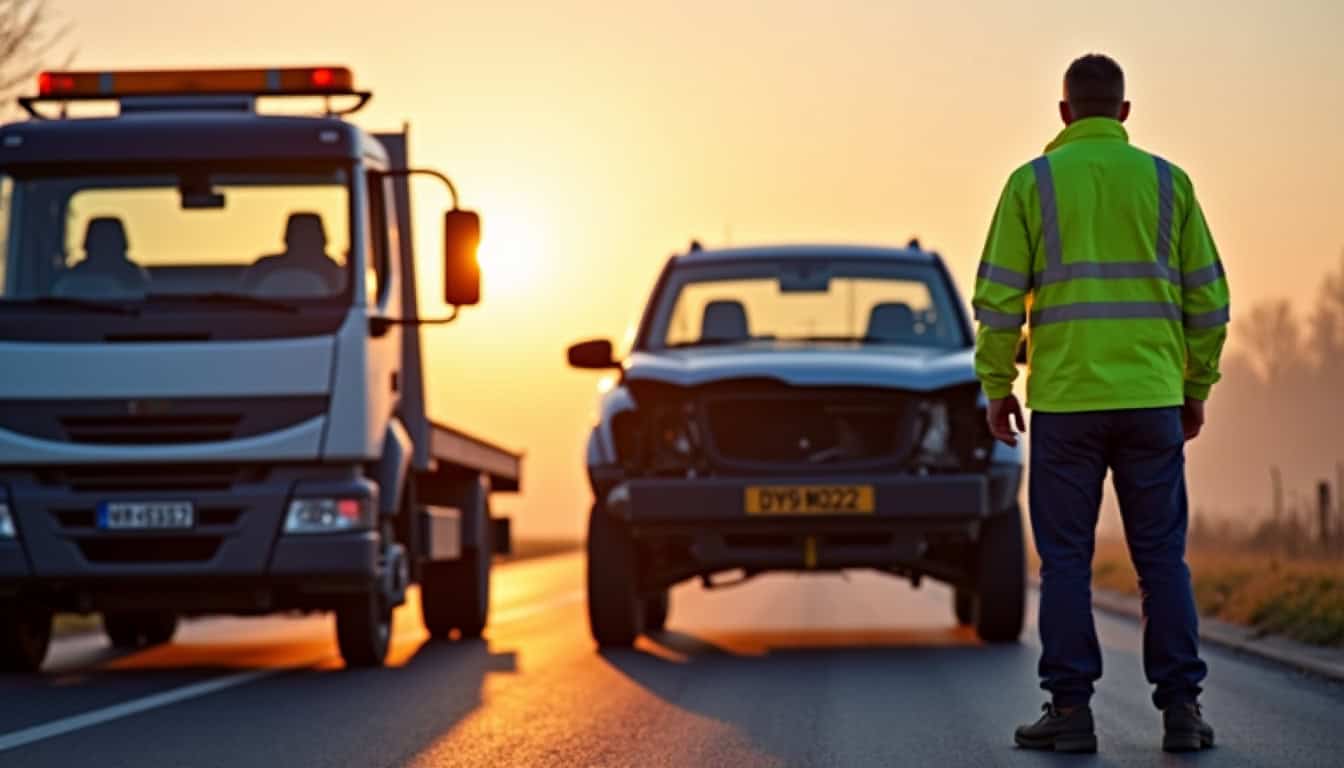 Un épaviste en train de charger un véhicule accidenté sur une dépanneuse