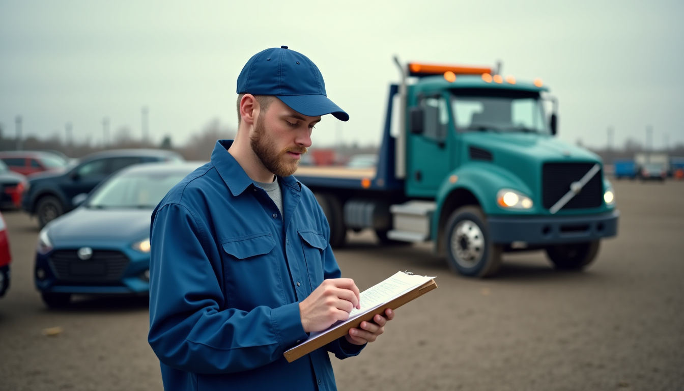 Un épaviste en uniforme vérifie les documents avant l