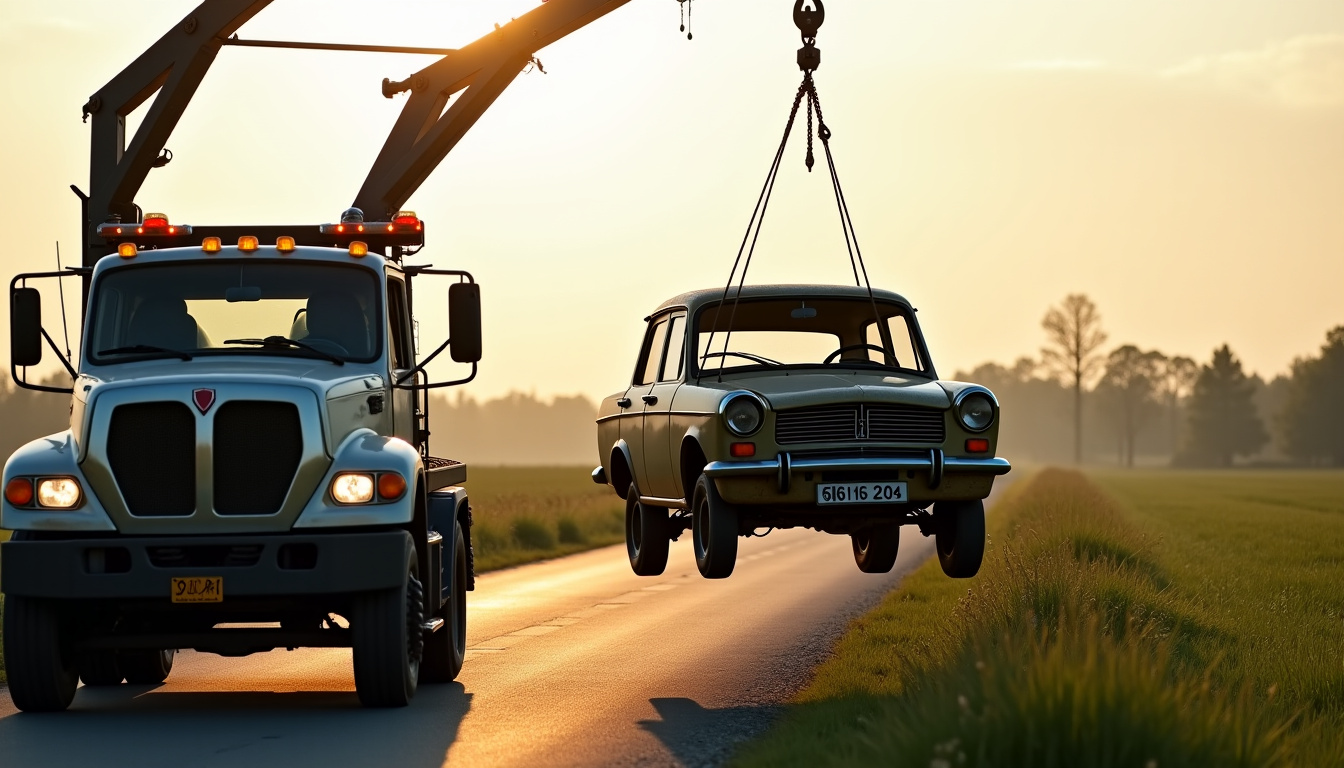 Véhicule épave en cours d’enlèvement par un camion grue à Ohis