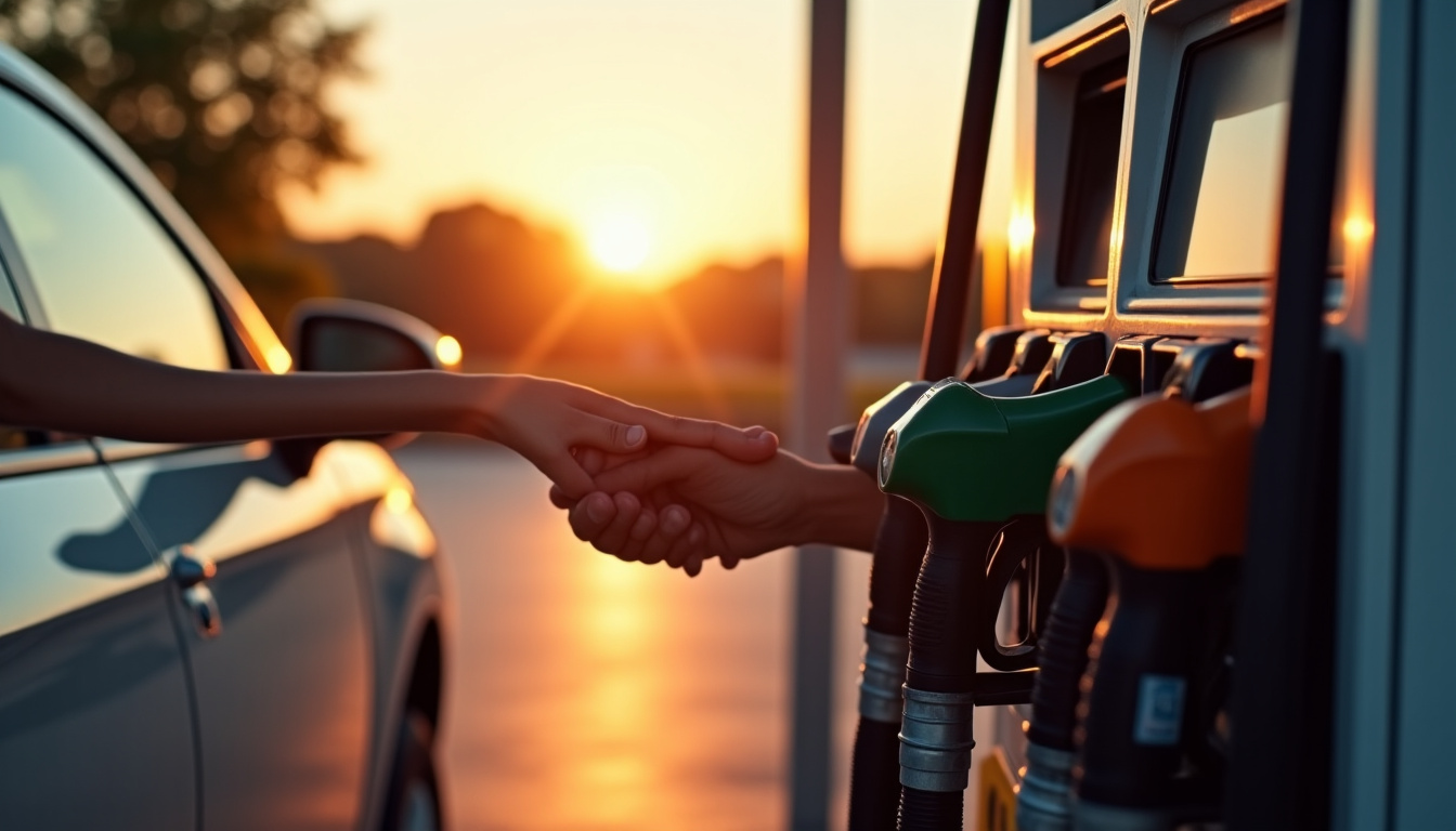Voiture en train de faire le plein à une pompe de station-service, conducteur hésitant entre SP95 et SP98