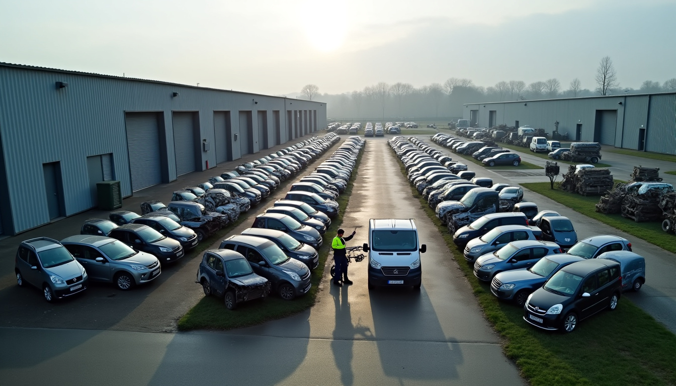 Vue d’un centre de recyclage agréé VHU traitant une épave dans le Nord