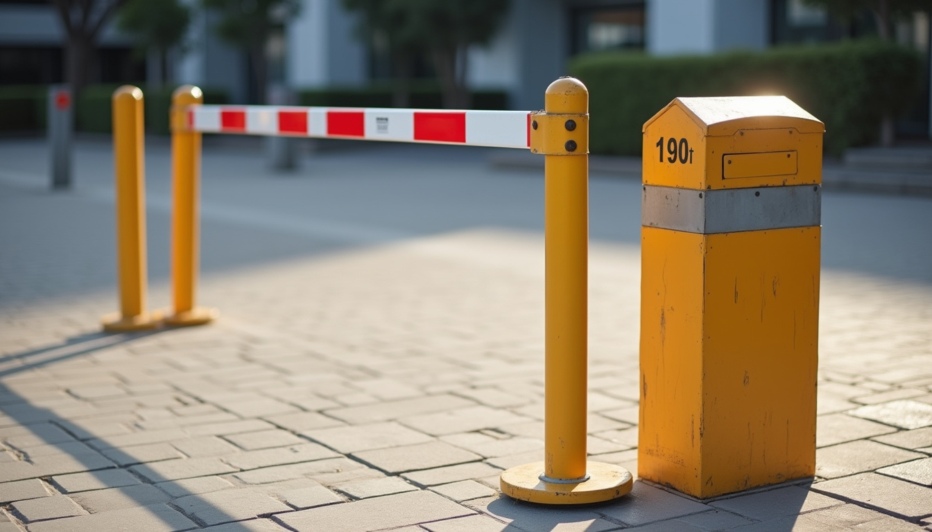 Barre de hauteur en bois limitant l’accès à un parking, positionnée à 1,90 mètre du sol