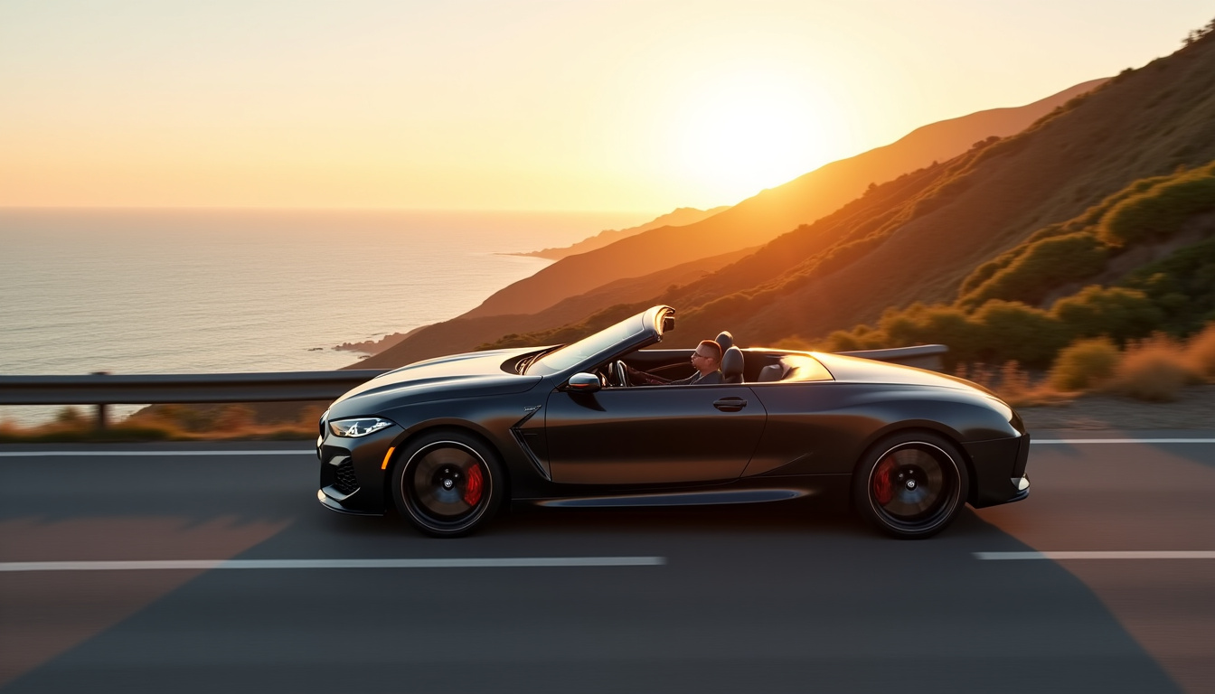 BMW M8 Competition Cabriolet en extérieur, vue de profil sur une route sinueuse