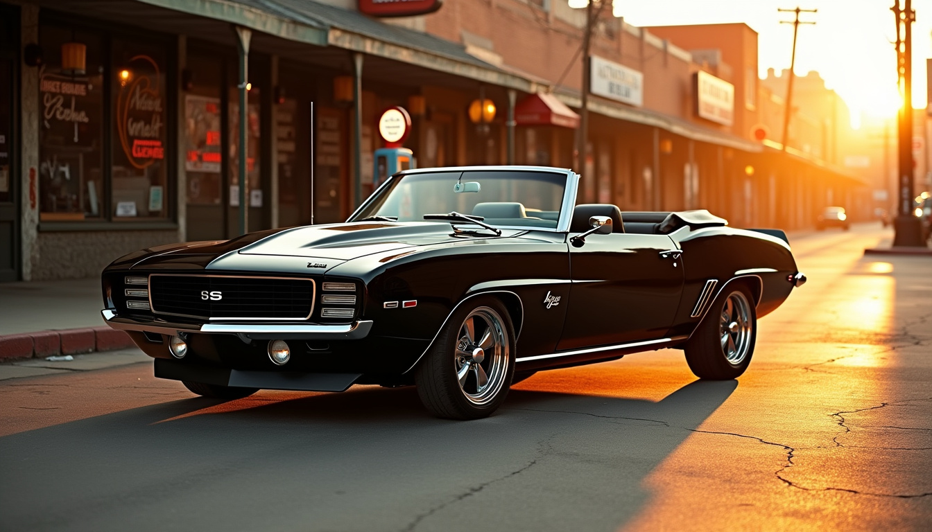 Chevrolet Camaro SS 396 Pack RS 1969 en version cabriolet, couleur noire, garée dans un décor urbain vintage des années 70