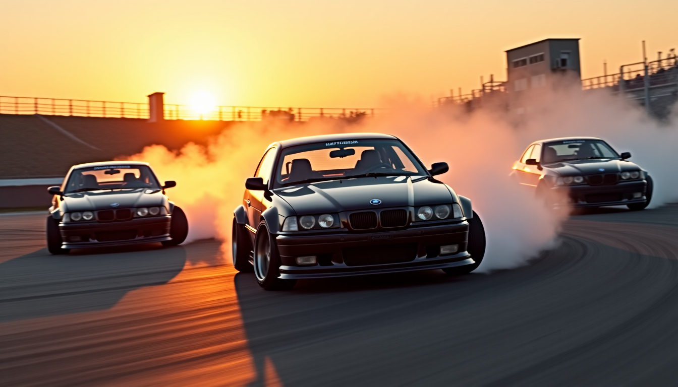 Comparaison entre une Nissan S13, une BMW E36 et une Ford Mustang sur piste de drift
