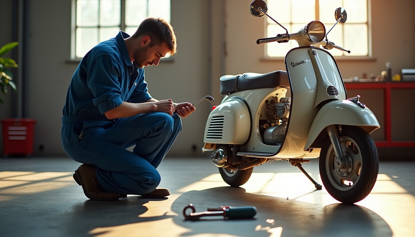 Mécanicien en train de réviser une Vespa 125 dans un atelier, moteur ouvert, outils en main