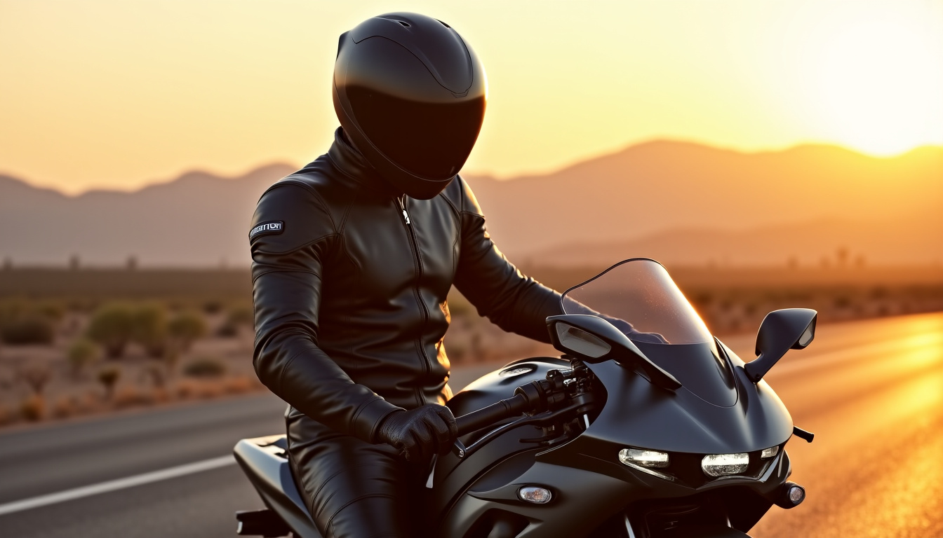 Motard équipé d’un casque intégral et d’une combinaison en cuir sur une moto rapide