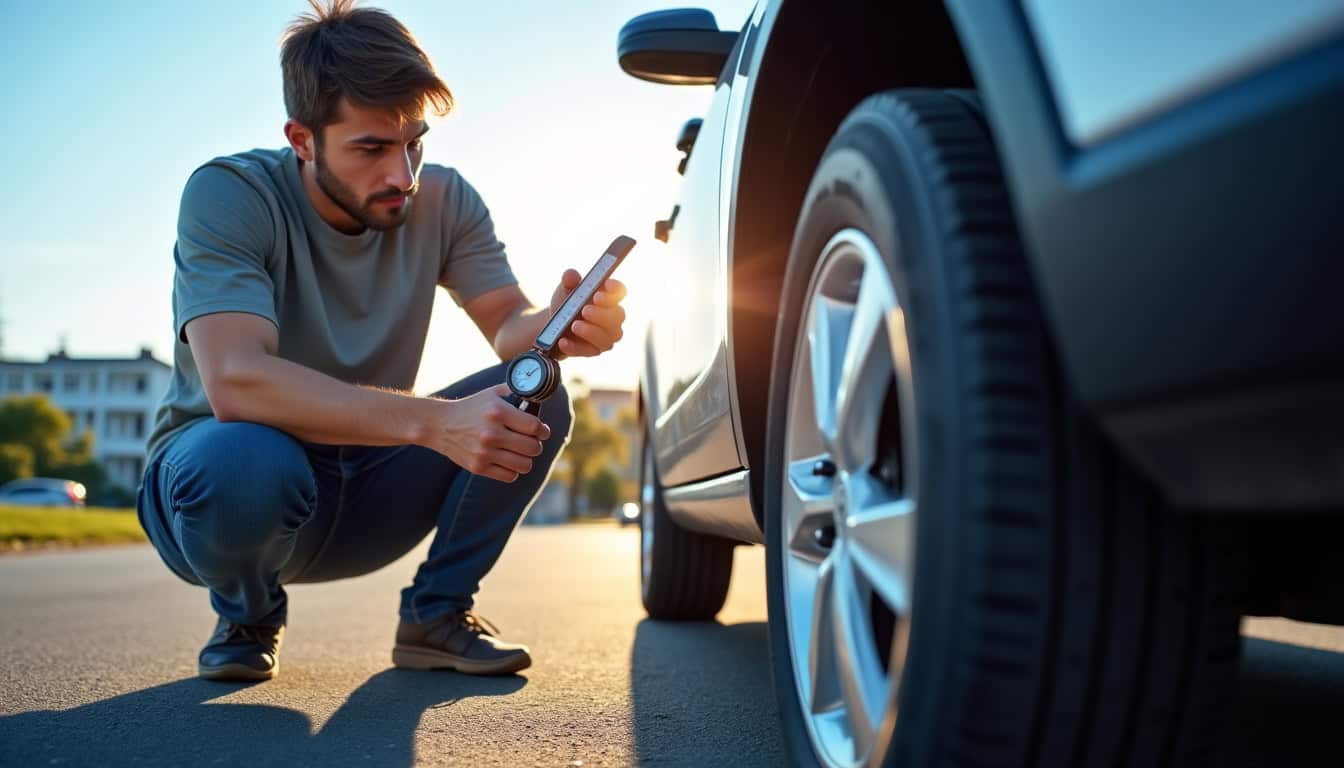 Personne utilisant un manomètre pour vérifier la pression d’un pneu