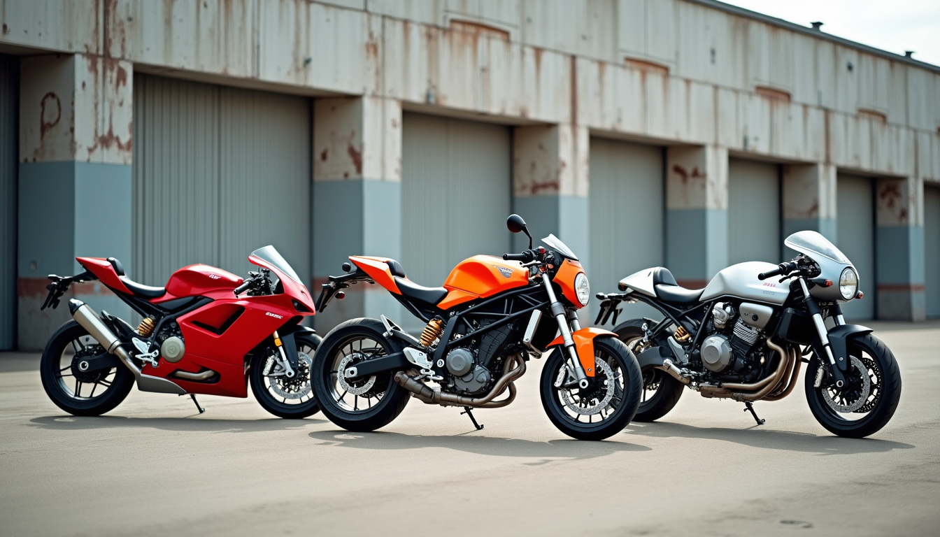 Photographie de motos de marques spécialisées alignées sur un fond industriel, avec modèles Aprilia, KTM et Moto Guzzi