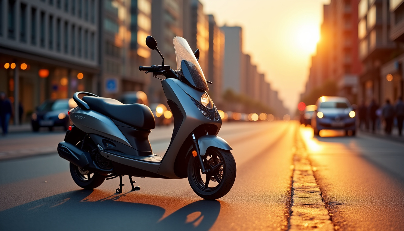 Piaggio Typhoon scooter 50 cm³ positionné dans un cadre urbain avec un décor de ville en arrière-plan