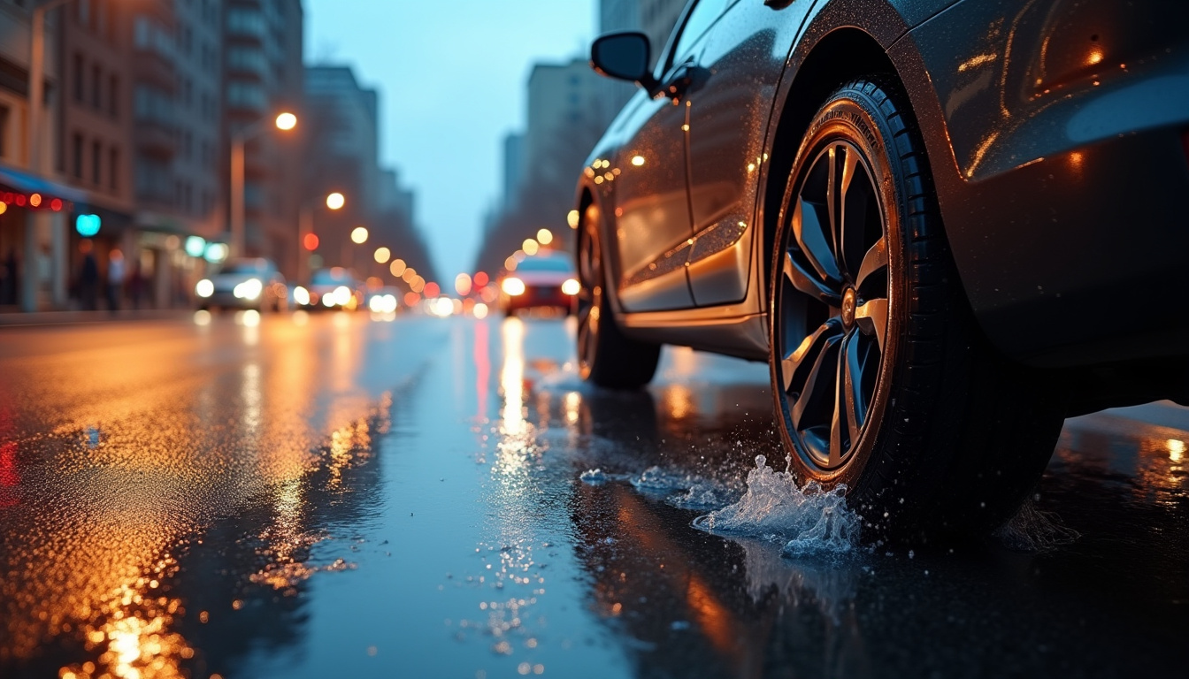 Pneu Tracmax monté sur une voiture en conduite urbaine