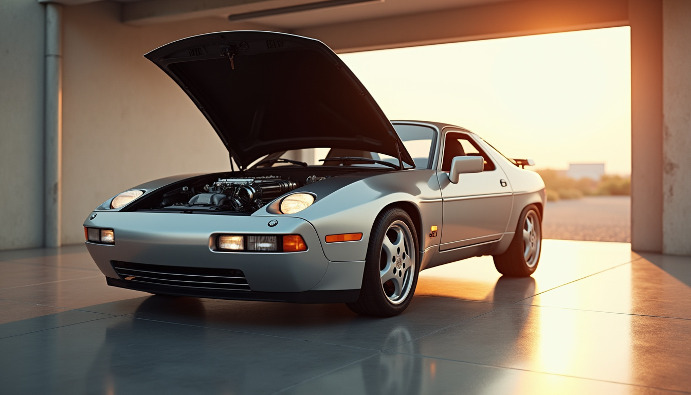 Porsche 928 avec moteur V8 visible à l
