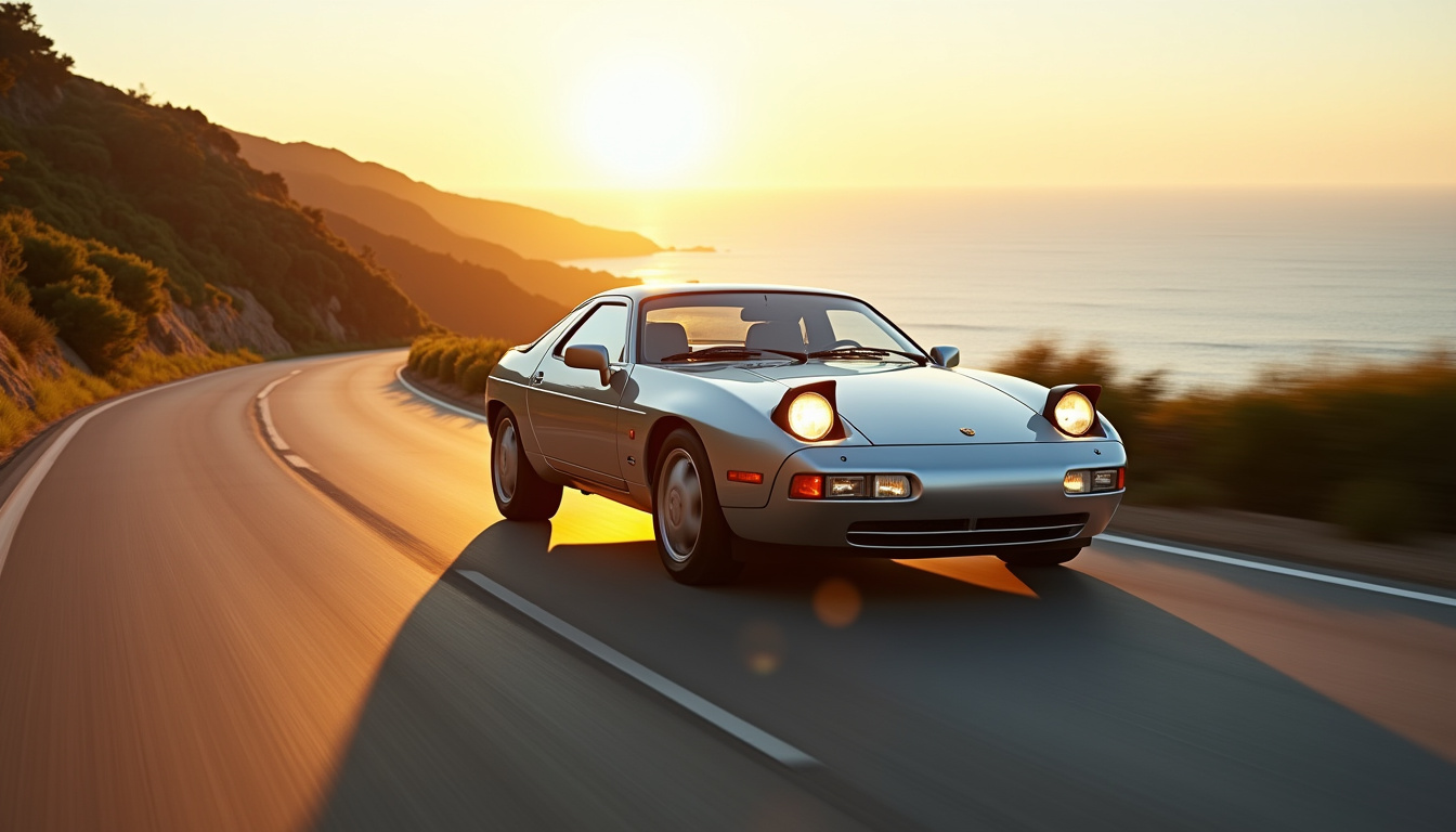Porsche 928 en conduite sur une route sinueuse, illustrant son rôle de gran turismo