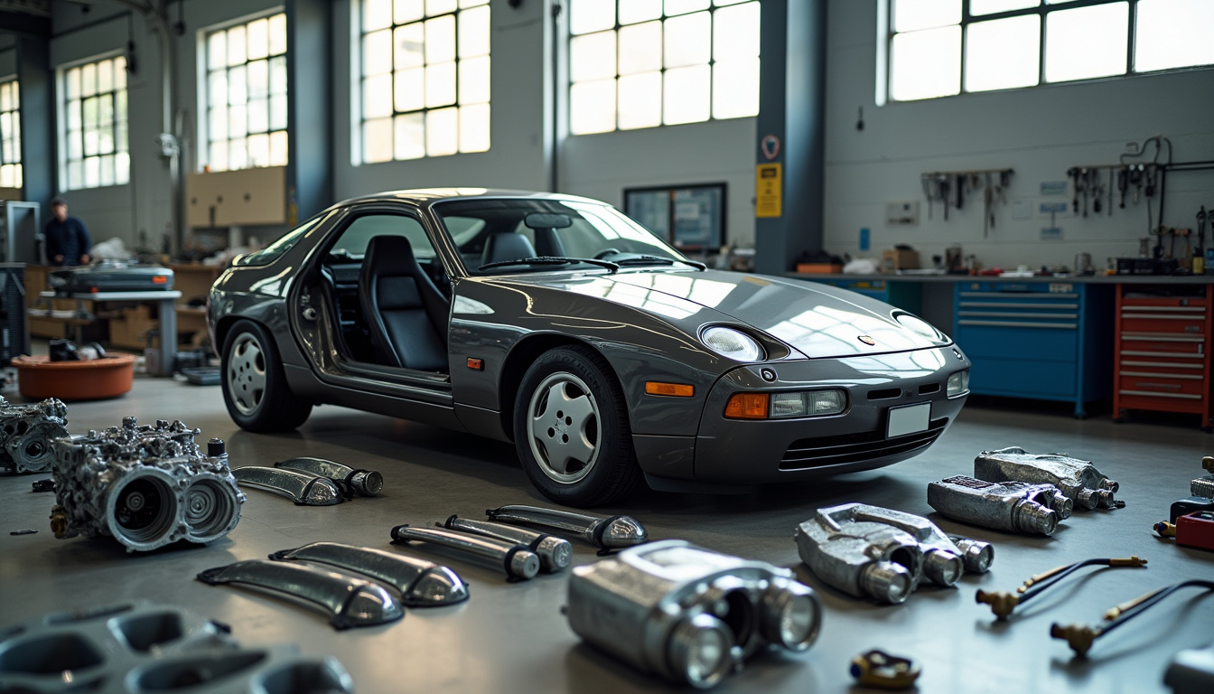 Porsche 928 en cours de révision dans un atelier spécialisé, montrant la disponibilité des pièces