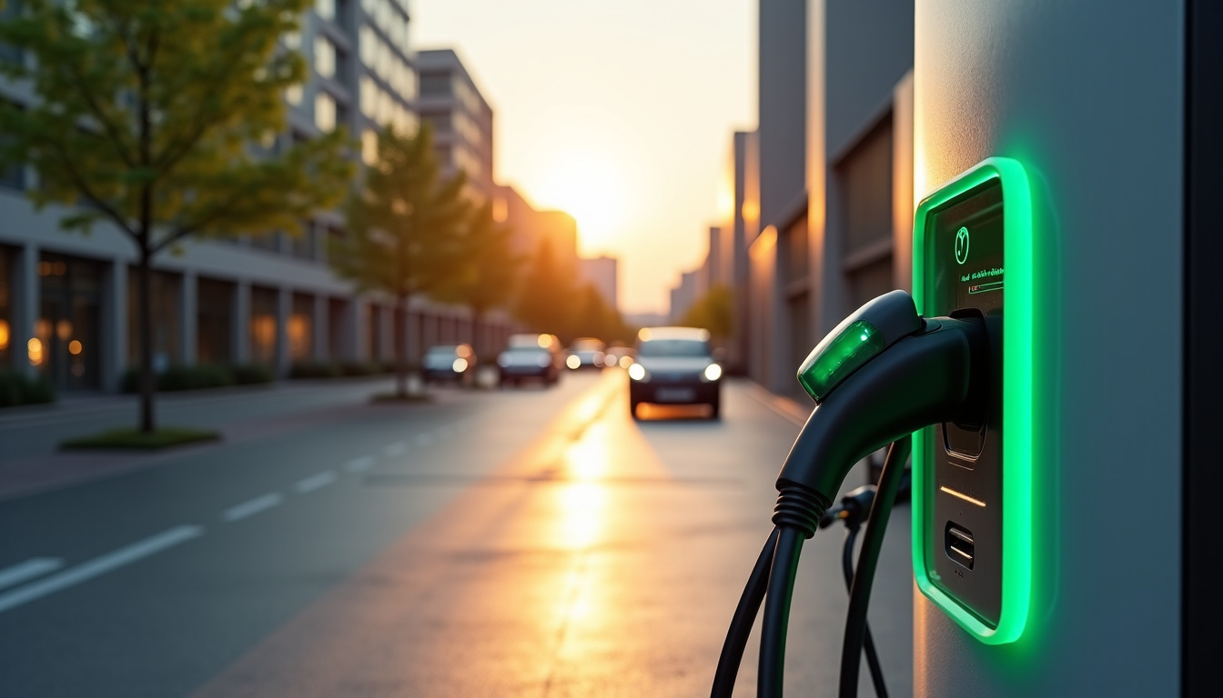 Station de recharge pour voiture électrique en milieu urbain, illustrant la transition vers les véhicules durables