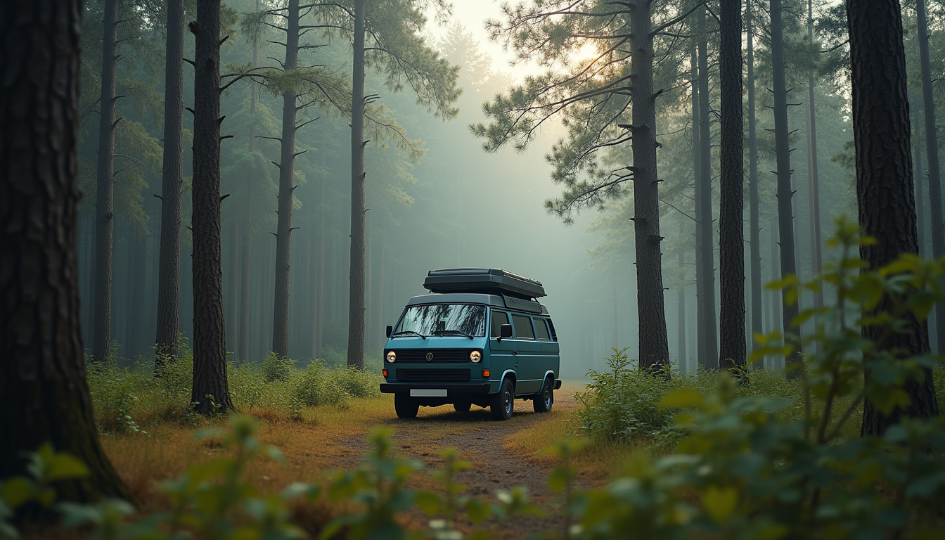 Van aménagé garé de manière discrète en forêt, sans matériel extérieur déployé
