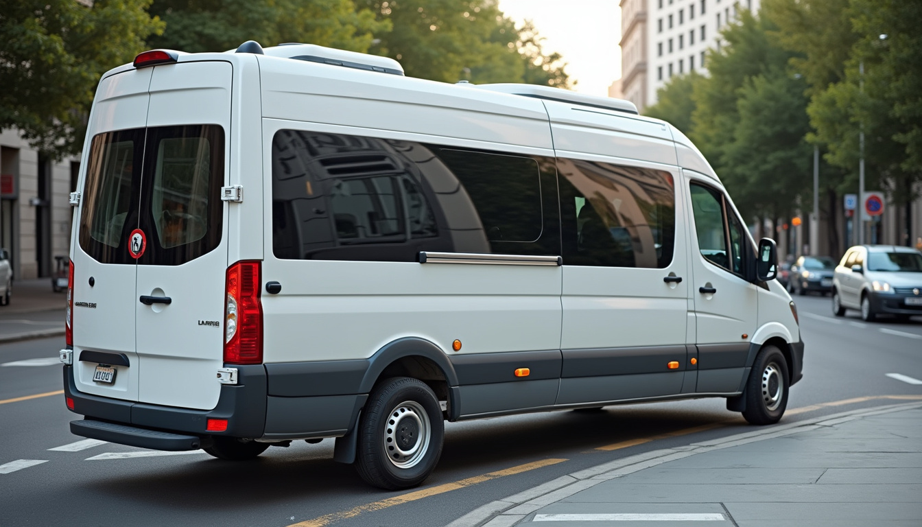 Van aménagé stationné en ville, respectant les marquages au sol et sans matériel déployé