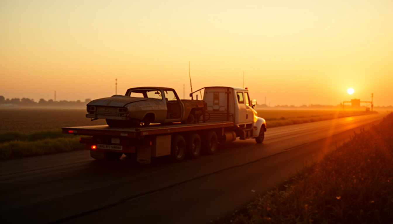Véhicule en fin de vie transporté sur un plateau pour être déposé dans une casse automobile agréée