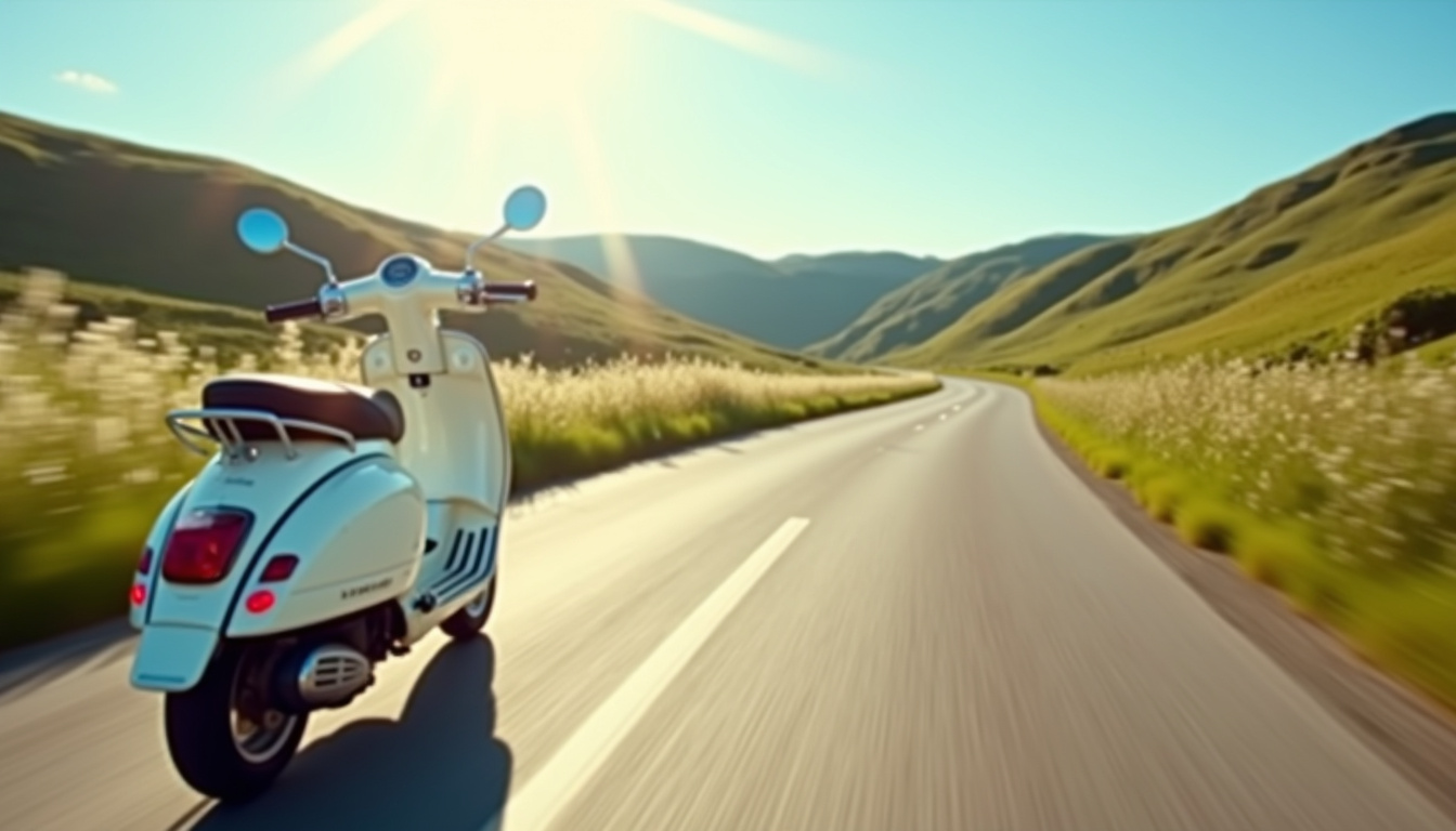 Vespa Primavera 125 sur une route de campagne, vue latérale en pleine lumière naturelle