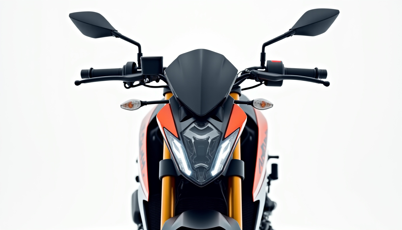 Vue de face de la KTM RC 125 montrant ses courbes aérodynamiques et son phare LED
