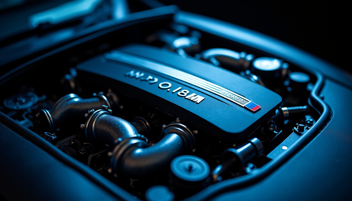 Vue du moteur V8 4.4 litres biturbo de la BMW M8, avec turbo et bloc moteur