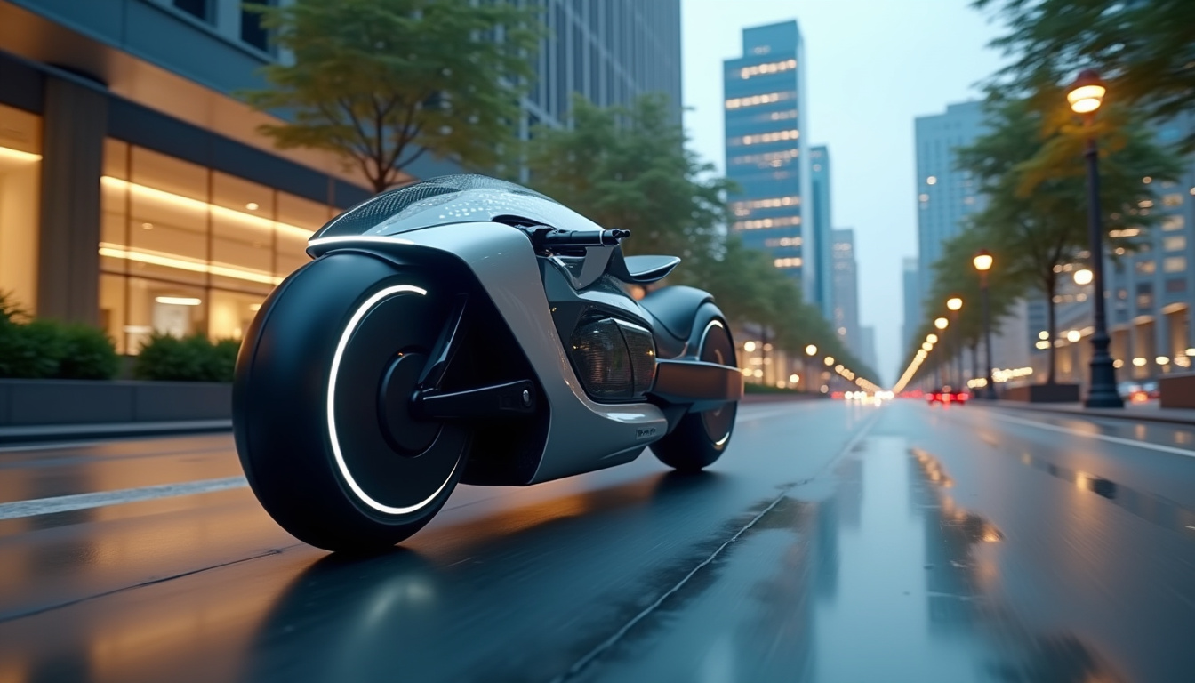 Vue futuriste d’une moto électrique en milieu urbain, avec design épuré et technologies connectées