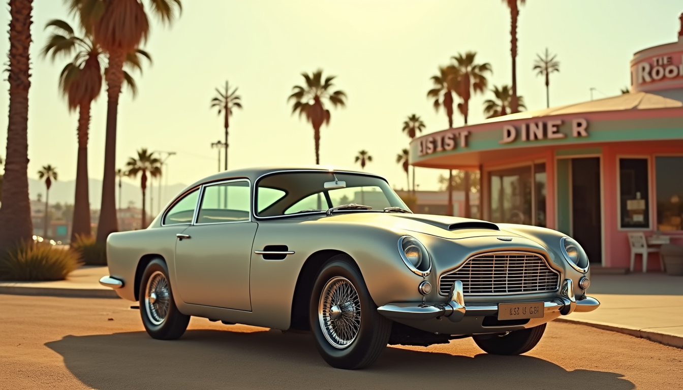 Aston Martin DB5 de James Bond garée dans un décor de film des années 60
