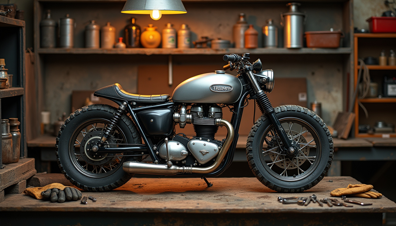 Atelier de préparation moto montrant une Triumph Bobber en cours de transformation