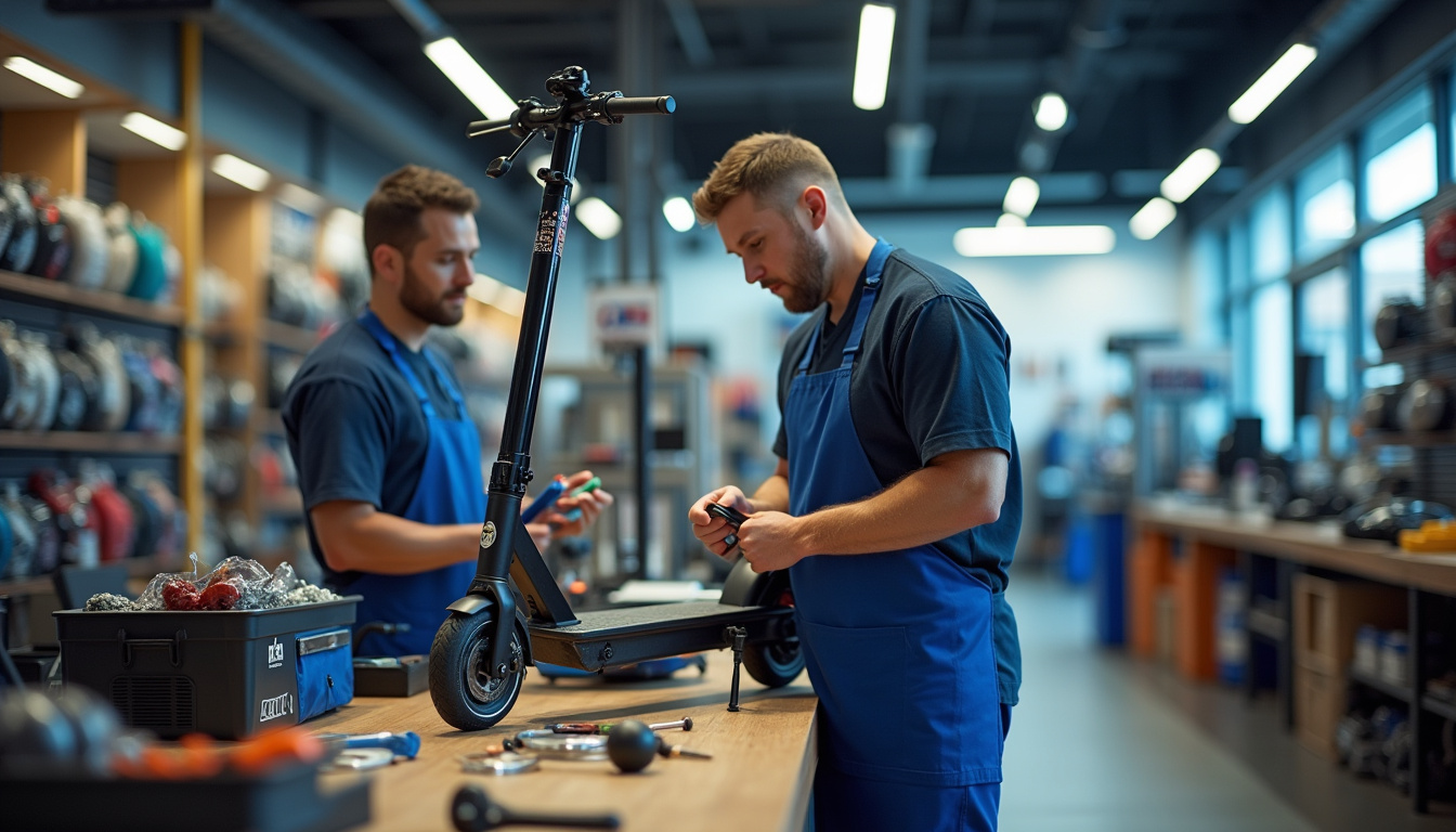 Atelier de réparation de trottinettes électriques dans un magasin Decathlon