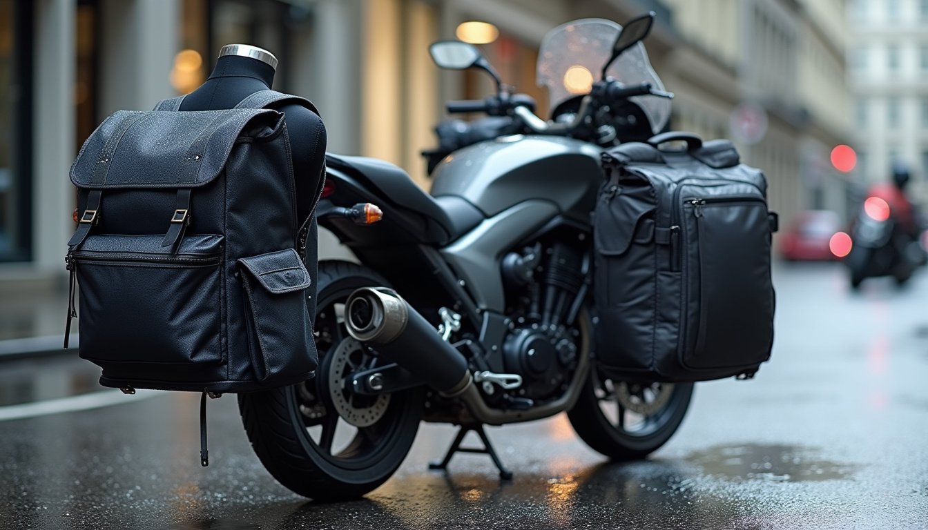 Comparaison visuelle entre différents types de sacs moto étanches: à dos, de selle, de réservoir