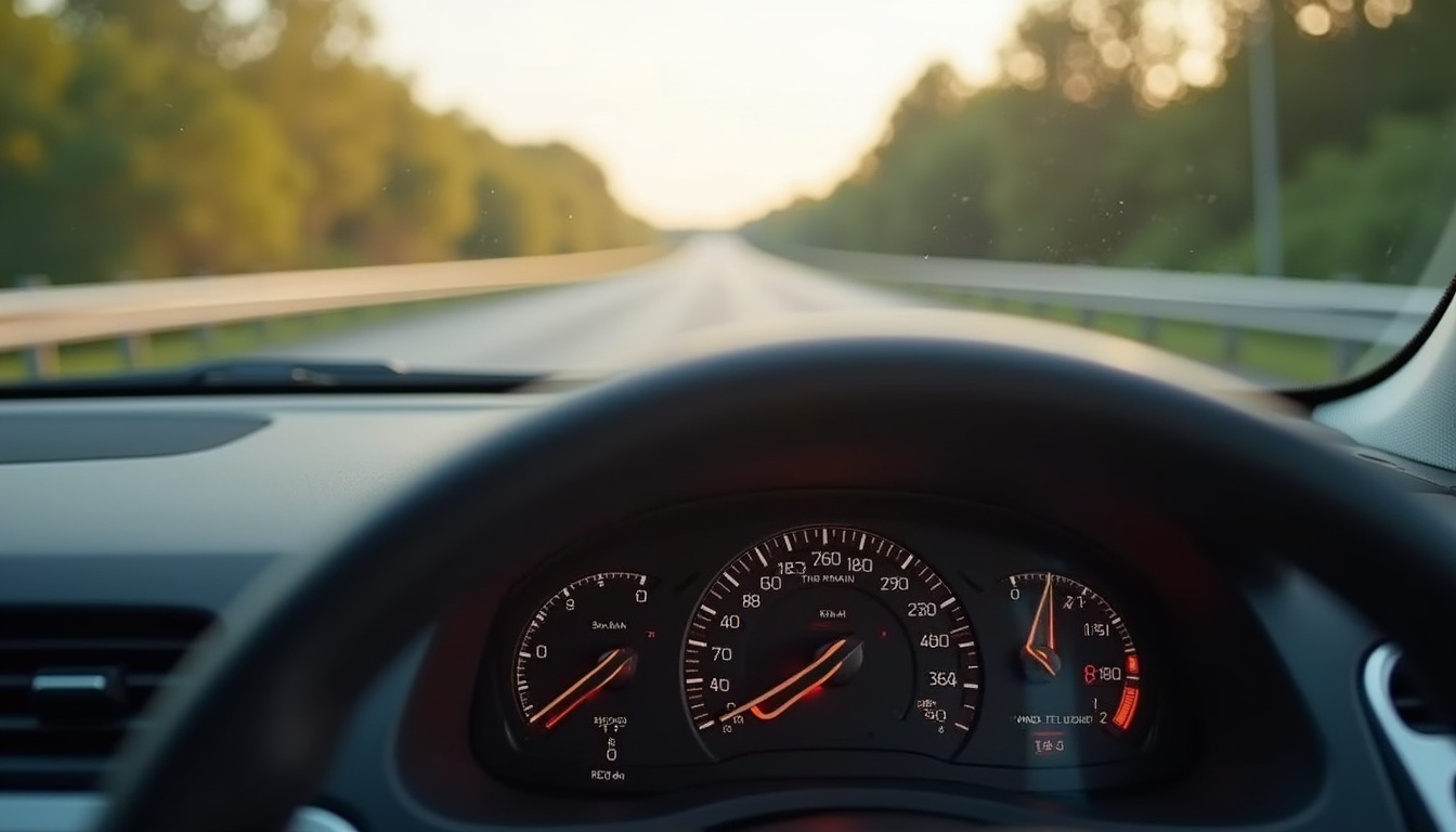 Compte-tours d'une voiture affichant un régime moteur à 130 km/h en situation autoroutière