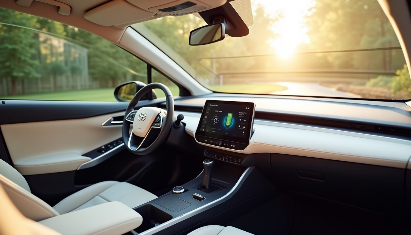 Intérieur de la Toyota Prius 2025 avec écran central, chargeur sans fil et toit solaire