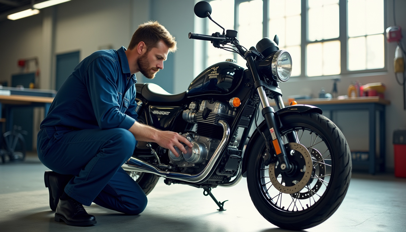 Mécanicien en train de faire l'entretien d'une Honda 125 Shadow, moteur ouvert