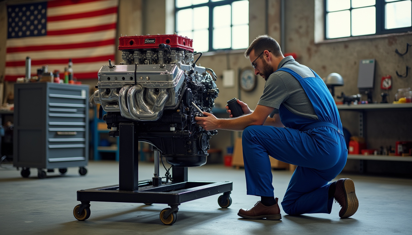 Mécanicien français en train de réparer un moteur V8 américain dans un atelier spécialisé