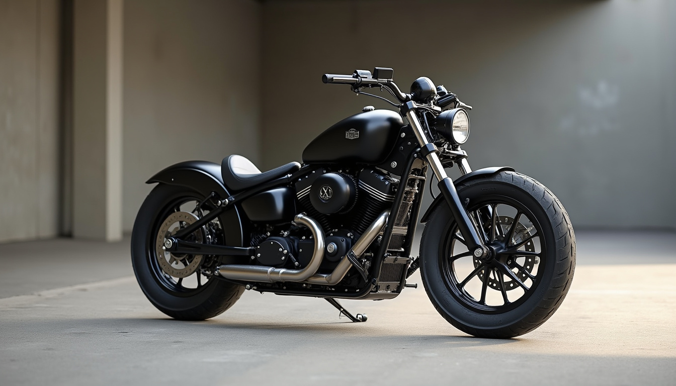 Moto bobber montrant les caractéristiques clés: guidon bas, selle solo, roues petites et pneus larges