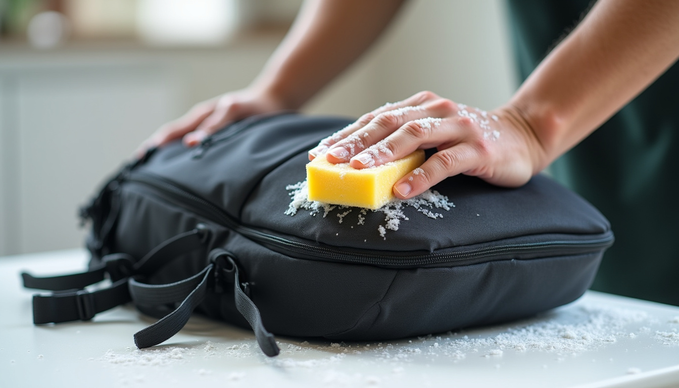 Nettoyage d’un sac à dos moto avec une éponge douce et de l’eau savonneuse