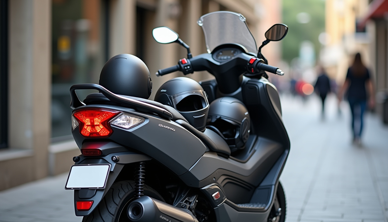 Ouverture du coffre sous la selle du Yamaha XMAX 300 montrant deux casques intégraux rangés à l'intérieur