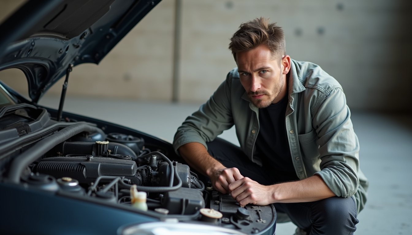 Propriétaire examinant le moteur d