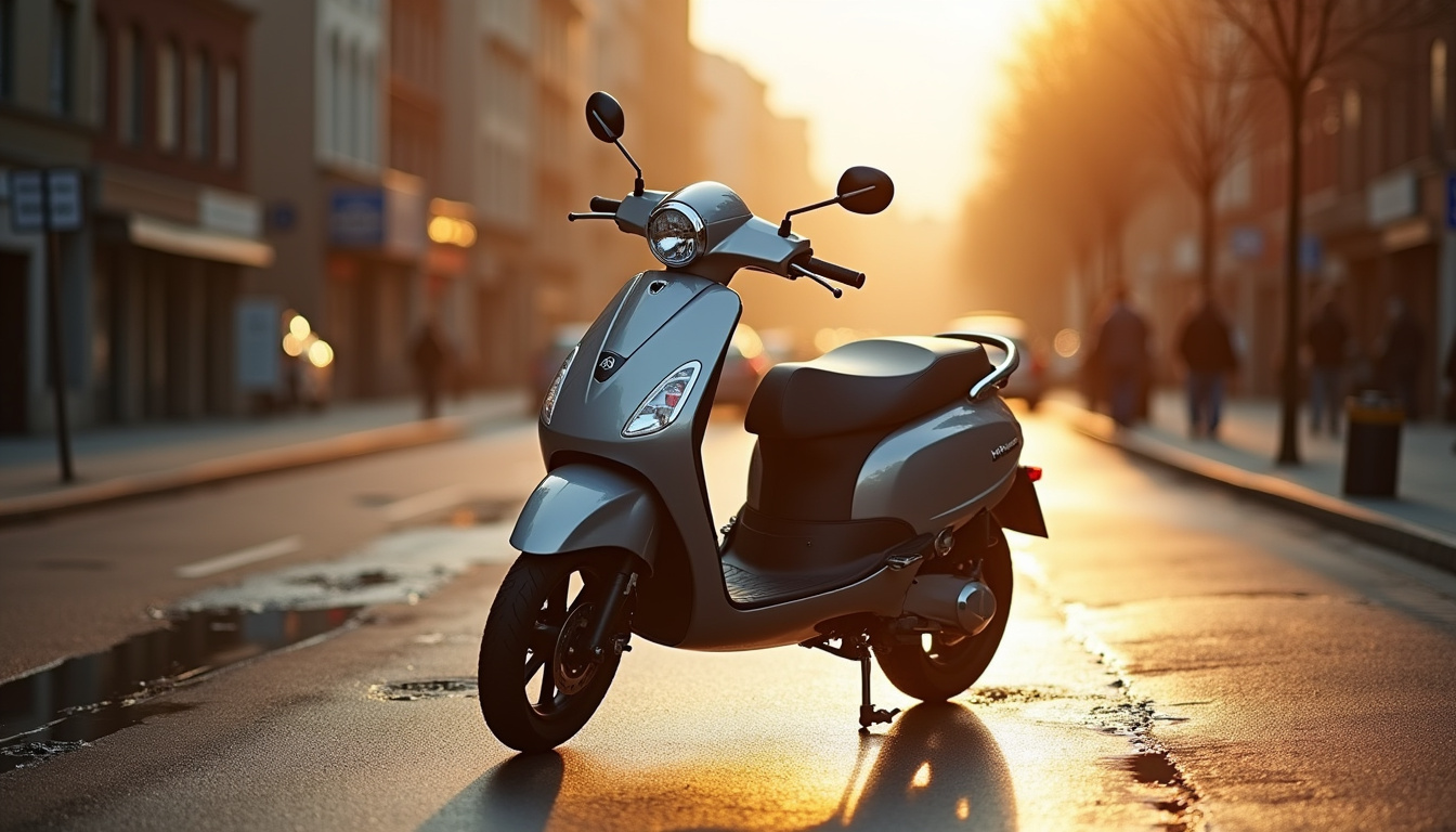Scooter Peugeot Kisbee 50cc en situation urbaine, vue de face et profil
